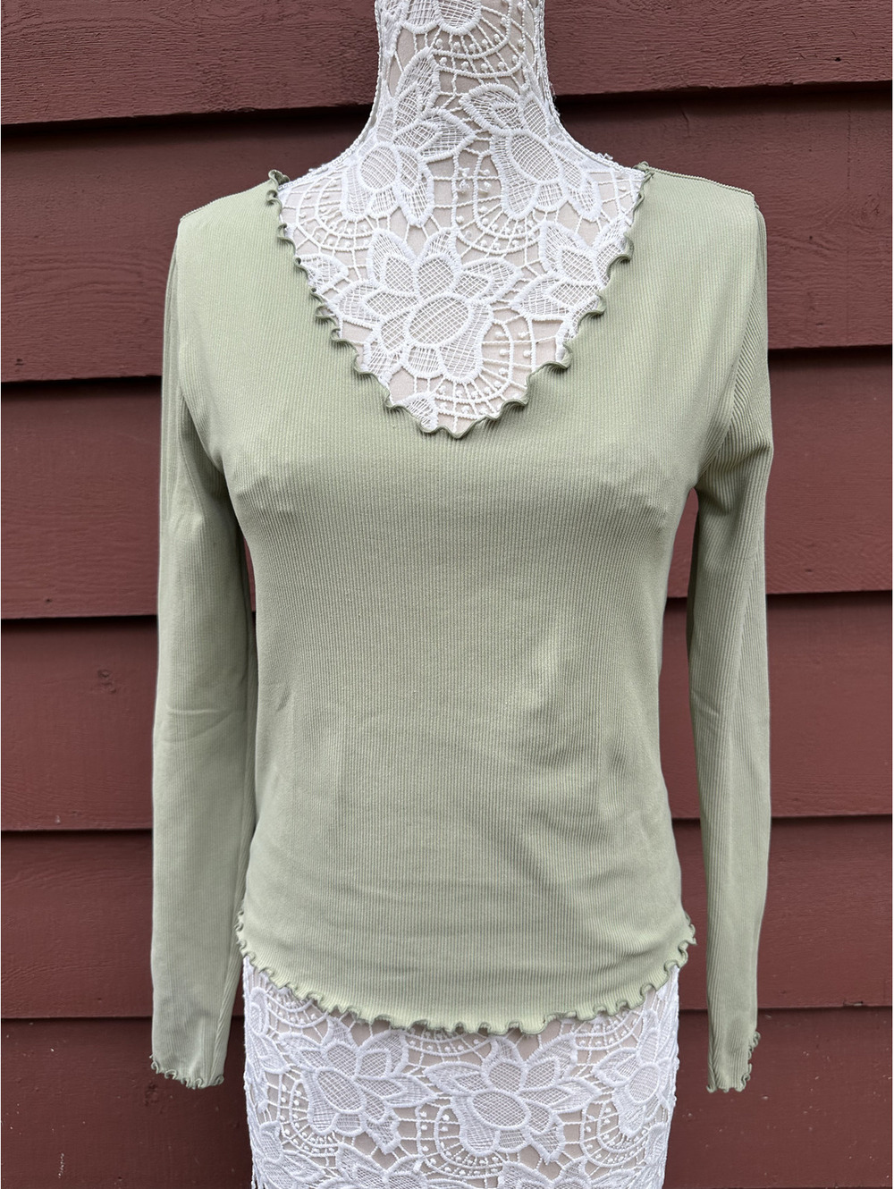 Contour by PacSun Sage Green Ribbed Long Sleeve Top with Lettuce Edge Detail